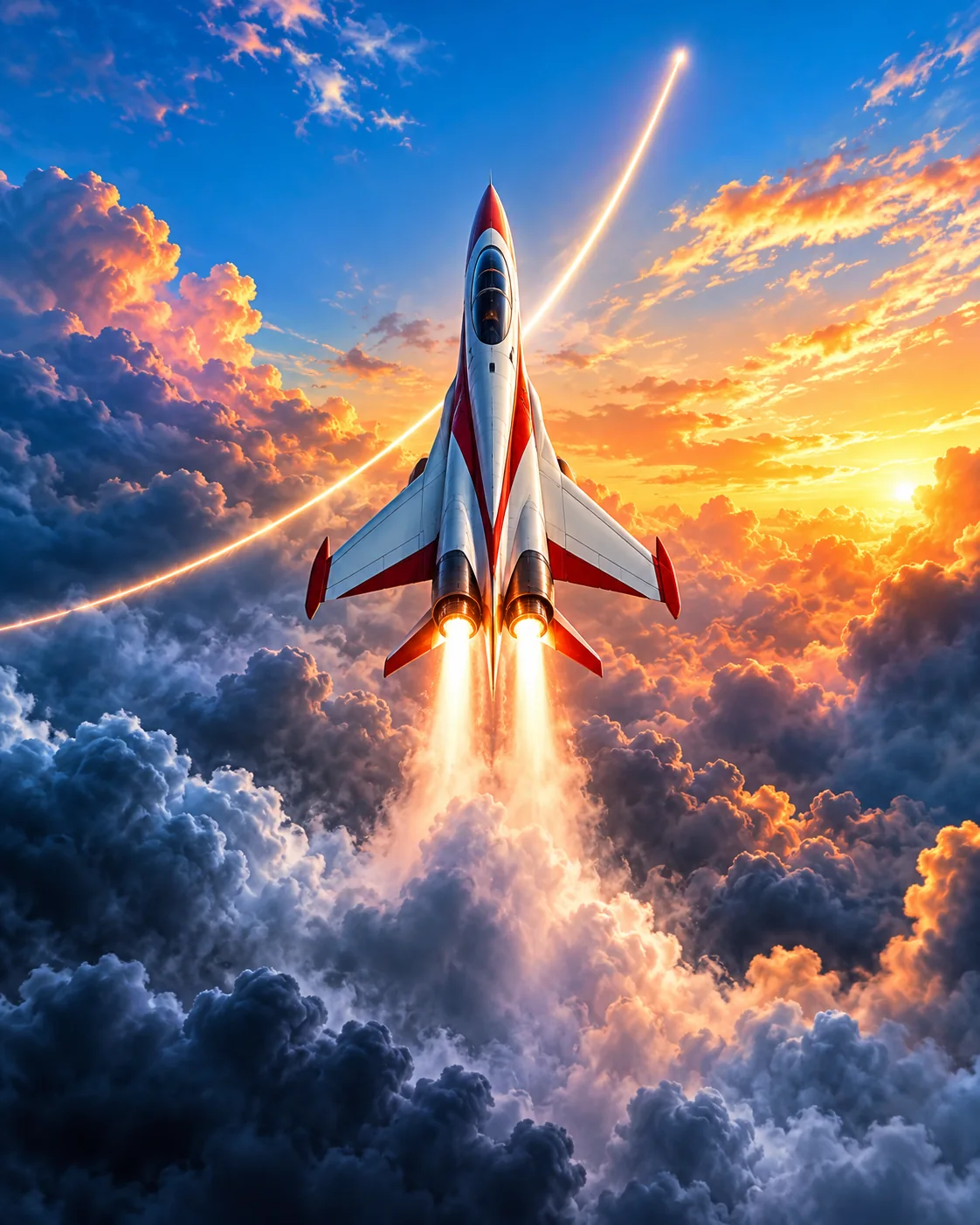 Original illustration of a red-and-white jet rising through dramatic clouds along a glowing flight path