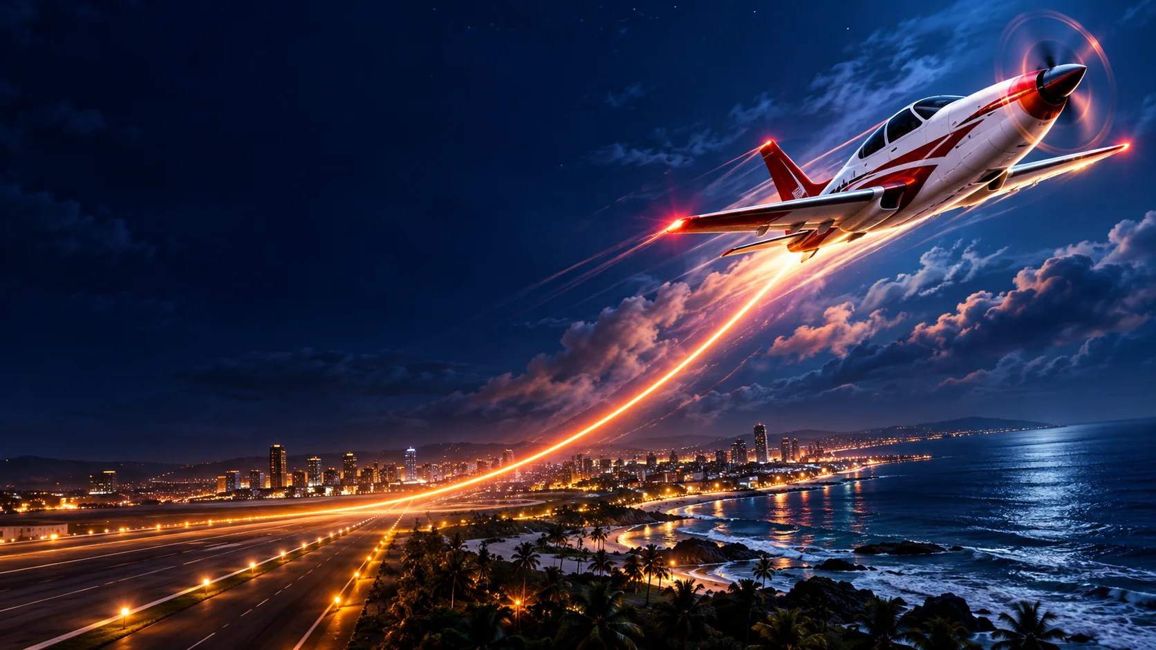 Original illustration of a white-and-red jet climbing above a night-time coastal runway with a glowing upward flight path